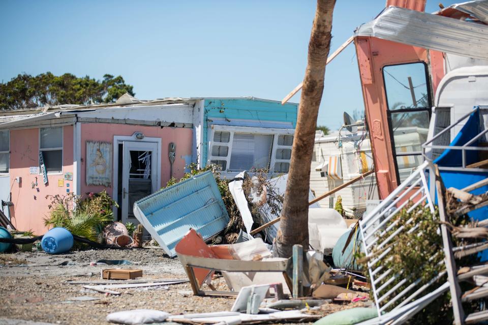The strewn debris of destroyed mobile homes lies on the ground at Ebb Tide RV Park on San Carlos Island after Hurricane Ian passed through the region Wednesday afternoon in Fort Myers, FL., on Friday, September 30, 2022.