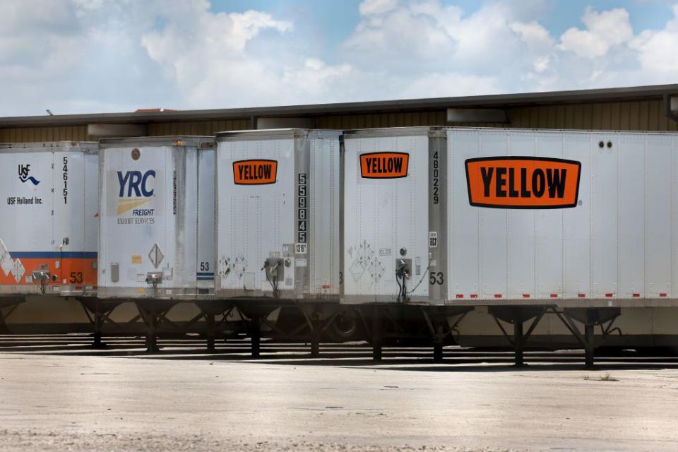 Yellow Corp. box trailers sit at a terminal on June 28, 2023 in Medley, Florida. According to reports, the Treasury Department had erred in loaning the trucking company money as part of a 2020 Covid-19 rescue package. Yellow Corporation received a $700 million pandemic assistance loan from the U.S. government.(Photo by Joe Raedle/Getty Images)