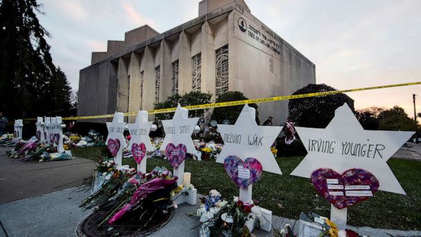 PHOTO: In this Oct. 29, 2018 file photo a makeshift memorial stands outside the Tree of Life Synagogue in the aftermath of a deadly shooting in Pittsburgh. (Matt Rourke/AP, FILE)