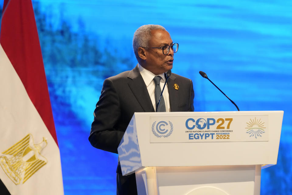 Jose Maria Neves, president of Cabo Verde speaks at the COP27 U.N. Climate Summit, Tuesday, Nov. 8, 2022, in Sharm el-Sheikh, Egypt. (AP Photo/Peter Dejong)