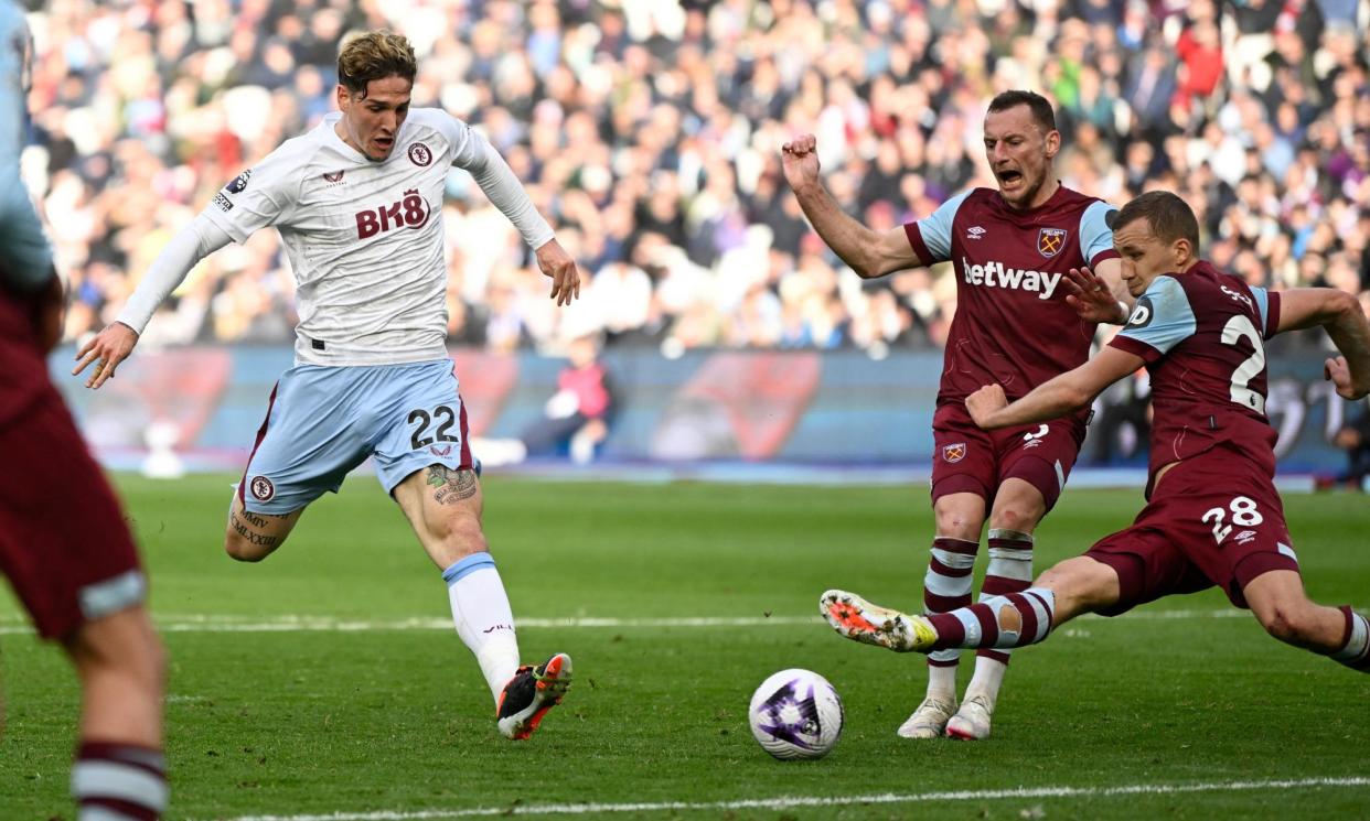 <span>Nicolò Zaniolo scores for Aston Villa in the 79th minute.</span><span>Photograph: Tony Obrien/Reuters</span>