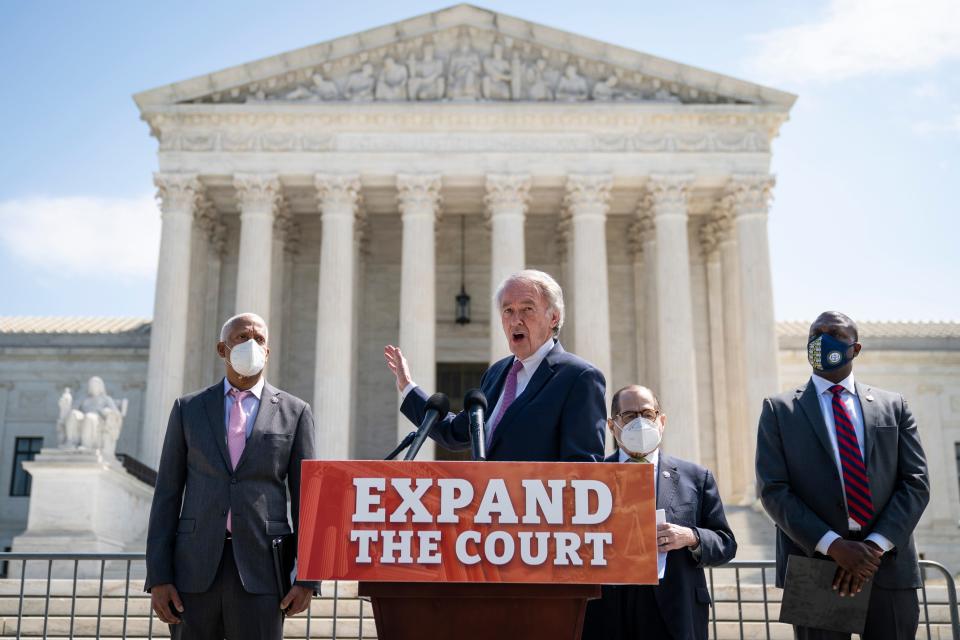 From left, Rep. Hank Johnson, D-Ga.; Sen. Ed Markey, D-Mass.; House Judiciary Committee Chairman Jerry Nadler, D-N.Y.; and Rep. Mondaire Jones, D-N.Y., hold a news conference April 15 in front of the U.S. Supreme Court to announce legislation that would expand the number of seats on the court from nine to 13 justices.