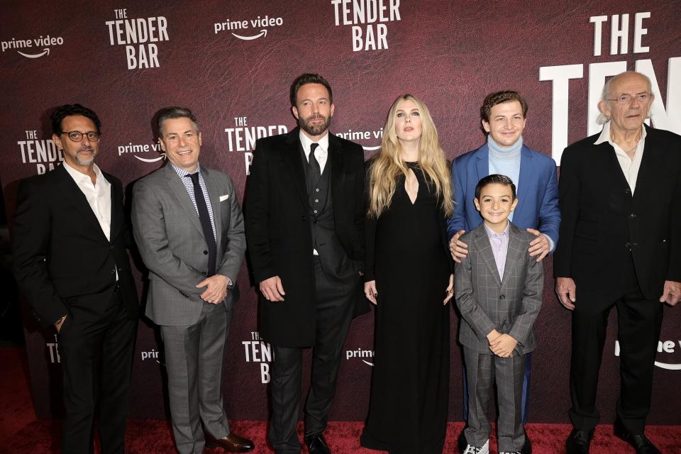 Grant Heslov, J.R. Moehringer, Ben Affleck, Lily Rabe, Tye Sheridan, Daniel Ranieri, and Christopher Lloyd attend the Los Angeles premiere of Amazon Studio's "The Tender Bar" at TCL Chinese Theatre on December 12, 2021 in Hollywood, California.