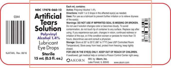 The label for Akorn’s Artificial Tears Solution