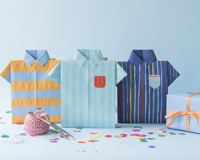 father's day crafts, three colorful origami shirt shaped bags