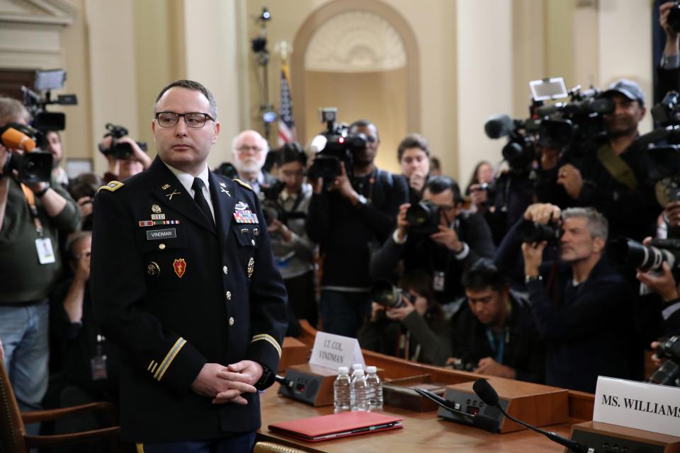 Army Lt. Col. Alexander Vindman testifies before the House Intelligence Committee on Nov. 19. 2019.