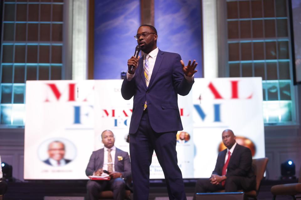 Mississippi Boulevard Christian Church hosts a Memphis mayoral forum on July 22, 2023, in partnership with 100 Black Men of Memphis, Black Clergy Collaborative of Memphis and the Ben F. Jones Chapter of the National Bar. Mayoral candidate Paul Young tells the audience information about his background.