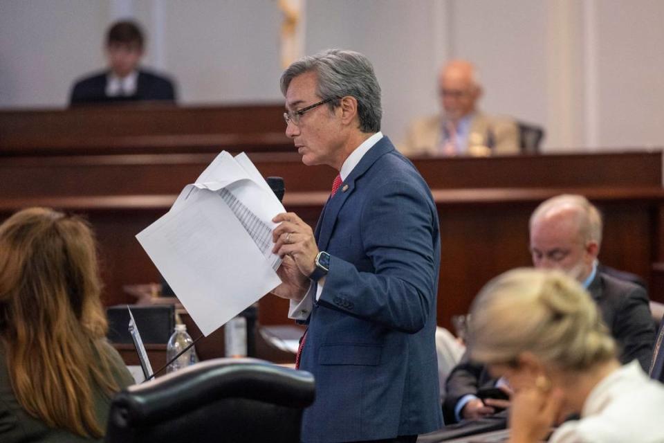 Sen. Michael Lee, a New Hanover County Republican, speaks during a second reading of the budget bill Thursday, Sept. 21, 2023 at the General Assembly.