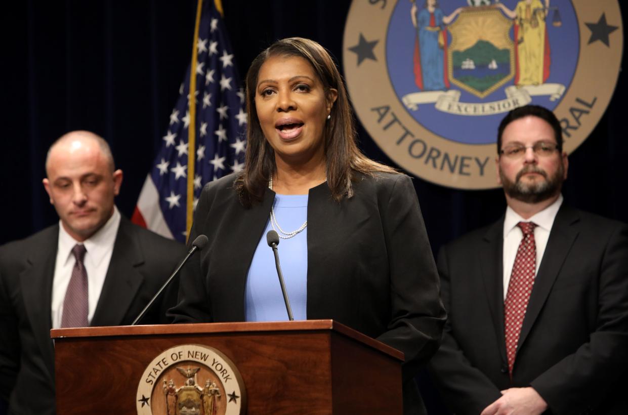 Attorney General Letitia James announces that she filed the nation's most comprehensive suit against opioid distributors and manufacturers and the Sackler family March 28, 2019 in New York City.  