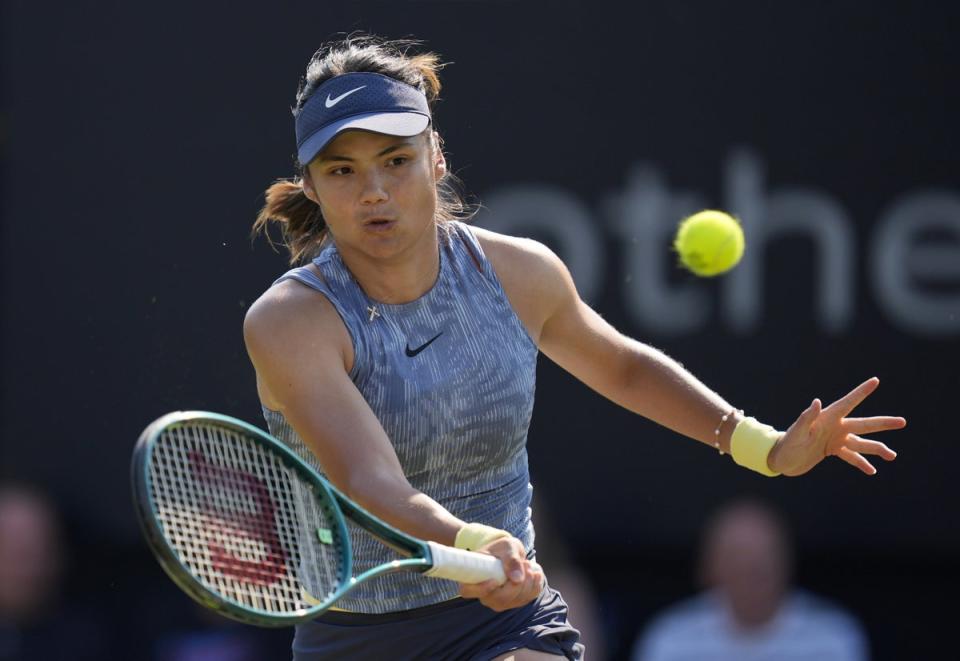 Emma Raducanu hits a volley at Eastbourne (Andrew Matthews/PA) (PA Wire)