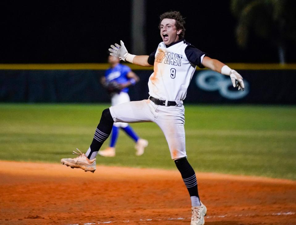 Gulf Coast Sharks batter Robert Hyatt (9) celebrates his walk-off single to defeat the Canterbury Cougars 4-3 during the seventh inning of a game at Gulf Coast High School in Naples on Tuesday, April 2, 2024.