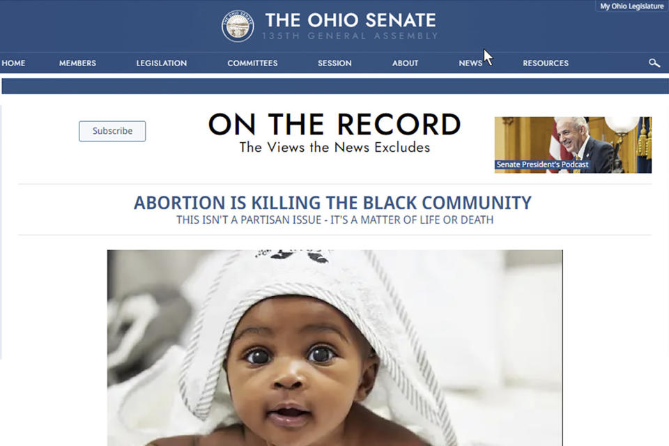 This image shows a screenshot of the “On The Record” website, which is published by the GOP-led Ohio Senate and debuted in September. The government website, favored in web searches for its supposed authority and lack of bias, is advancing misleading arguments surrounding this fall's proposed constitutional amendment on abortion rights. (Ohio Senate via AP)