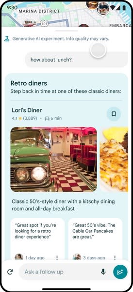 Users can offer a follow-up question to Google Maps' gen AI.
