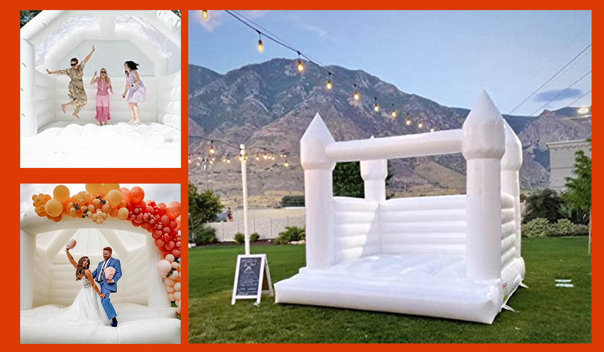 three white bounce houses for adults