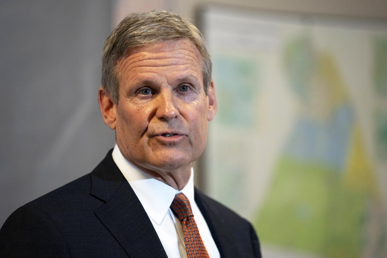 Gov. Bill Lee responds to questions during a news conference Tuesday, April 11, 2023, in Nashville, Tenn. Lee held the news conference to talk about gun control legislation and an executive order to require information for background checks on gun purchases to be updated more rapidly. (George Walker IV / AP)