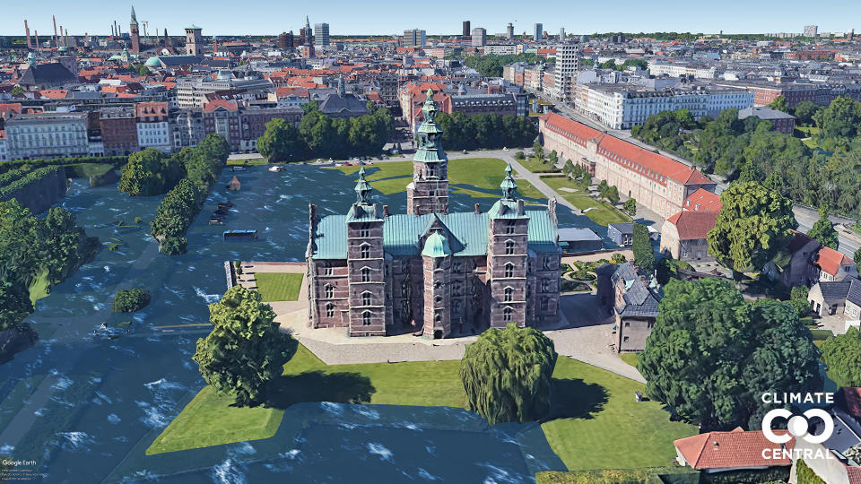 Water inundates the grounds to the left of the castle