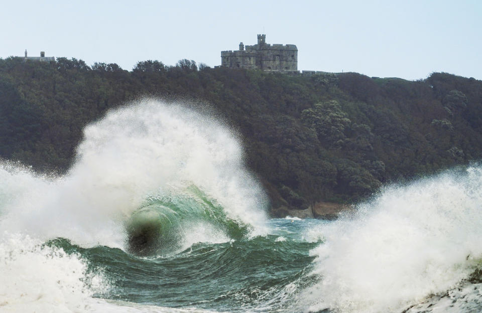 FALMOUTH, ENGLAND - SEPTEMBER 27: Large waves reach the shoreline near Pendennis Castle at Gylllyngvase Beach on September 27, 2023 in Falmouth, Cornwall, England. (Photo by Hugh R Hastings/Getty Images)