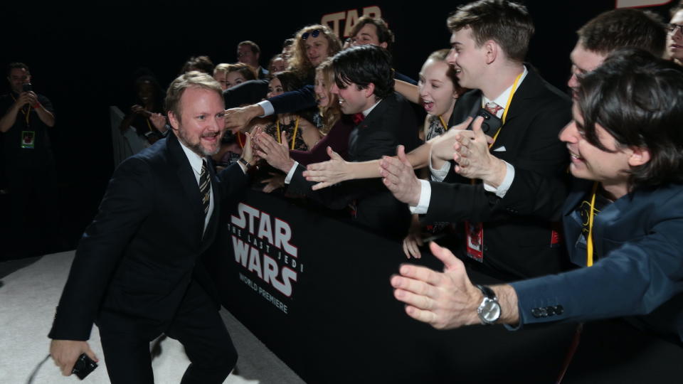 Director Rian Johnson greets fans on the red carpet for the world premiere of “Star Wars: The Last Jedi” on Dec. 9, 2017. - Credit: Alex J. Berliner / ABImages, via AP Images