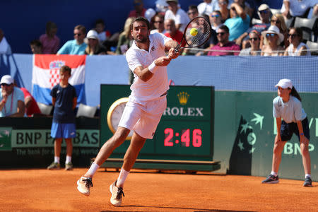 Tennis - Davis Cup - World Group Semi-Final - Croatia v United States - Sportski centar Visnjik, Zadar, Croatia - September 16, 2018 Croatia's Marin Cilic in action during his match against Sam Querrey of the U.S. REUTERS/Antonio Bronic