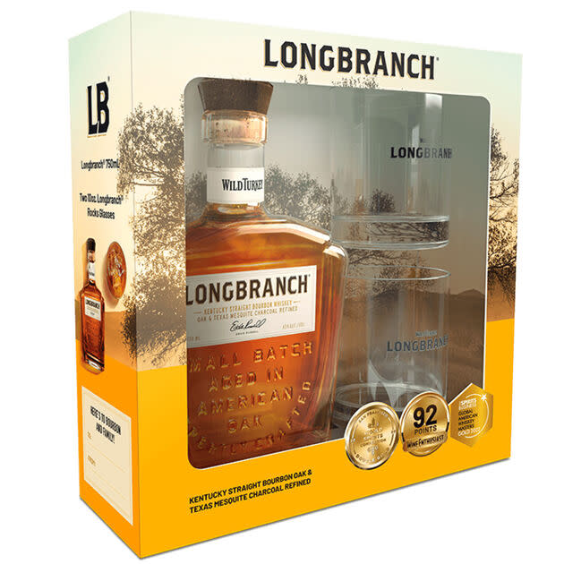 the bottle of Longbranch whiskey and two rocks glasses