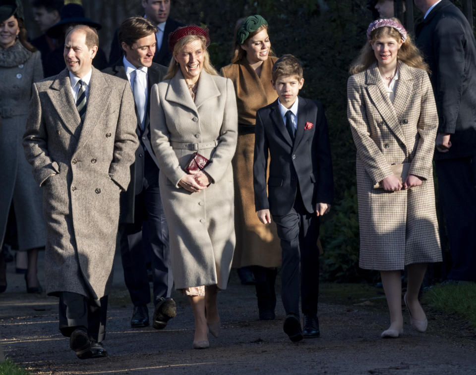 Prince Edward, Earl of Wessex and Sophie, Countess of Wessex with James Viscount Severn and Lady Louise Windsor attend the Christmas Day Church service at Church of St Mary Magdalene on the Sandringham estate on December 25, 2019 in King's Lynn, United Kingdom.