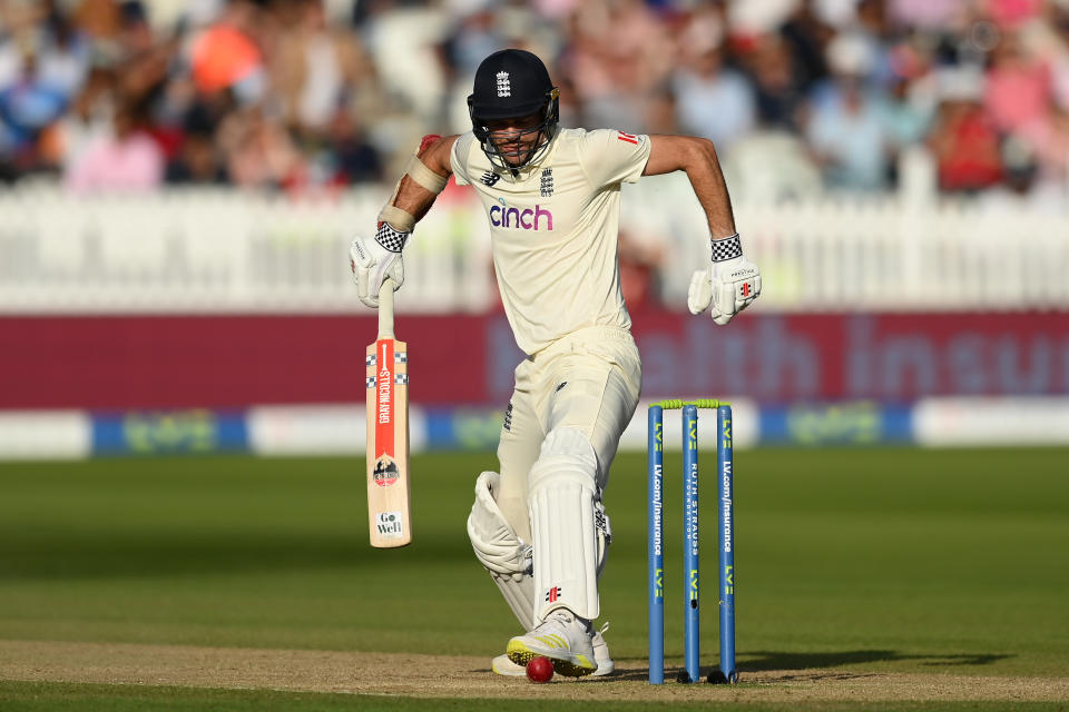 LONDON, ENGLAND - AUGUST 14: Jimmy Anderson of England kicks the ball away from his stumps during the Second LV= Insurance Test Match: Day Three between England and India at Lord's Cricket Ground on August 14, 2021 in London, England. (Photo by Mike Hewitt/Getty Images)