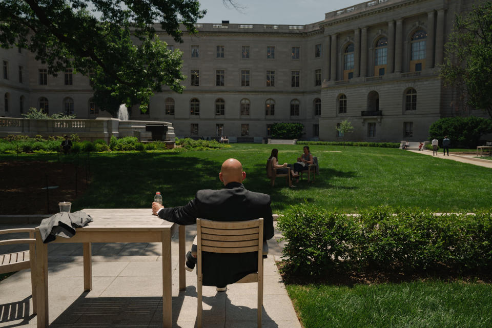 Fetterman takes a break outside during a busy work day<span class="copyright">Shuran Huang for TIME</span>