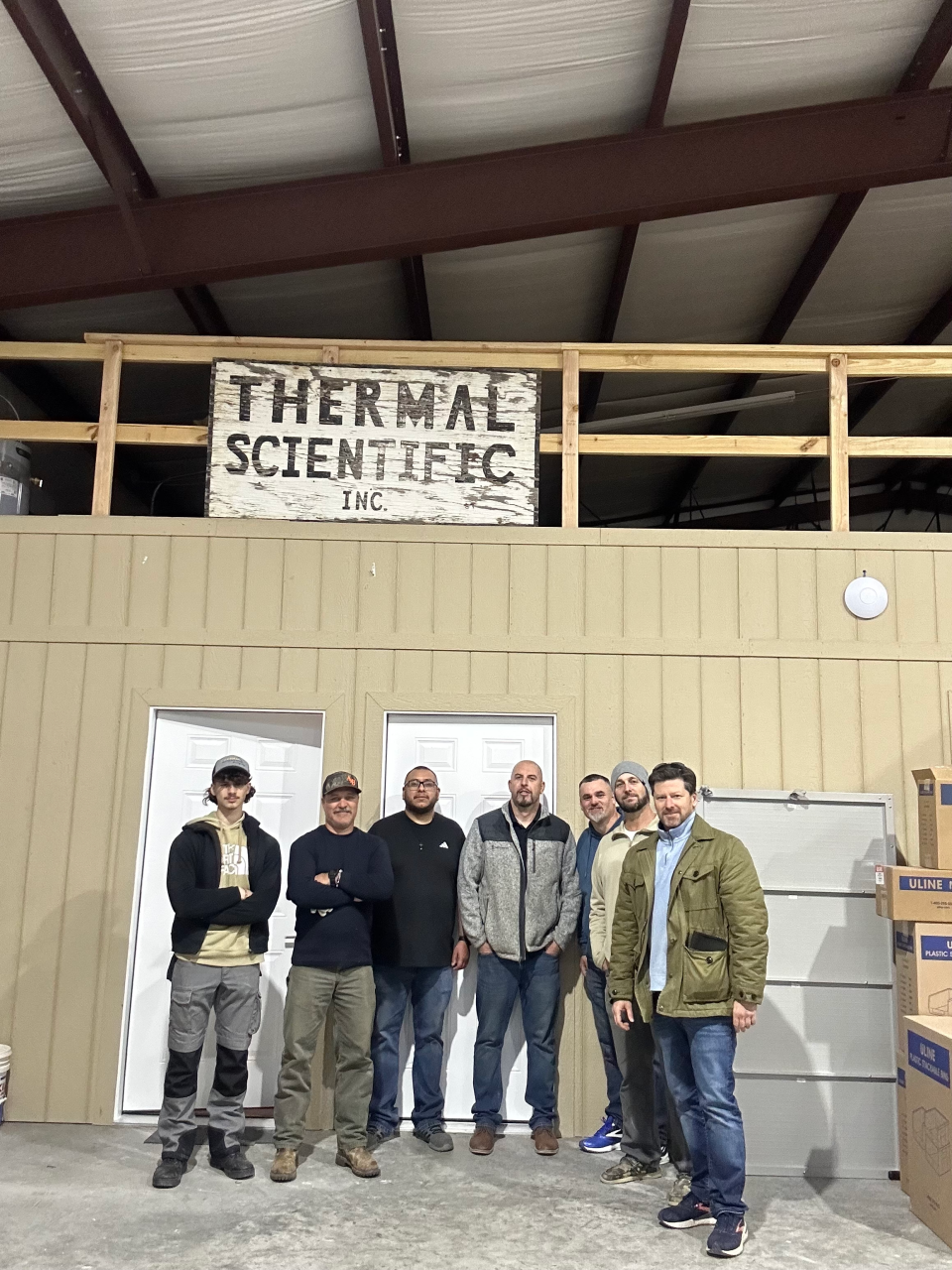 Thermal Scientific employees Holden Vore, Nathan Vore, Alex Garcia, Stoney McCarty, Jason Anderson, Clifton Linde, and Coby Wishert help move Thermal Scientific to its new location at 18600 Interstate Highway 27 in Canyon.