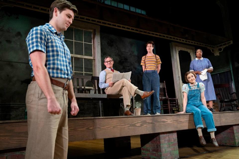 A scene from “To Kill a Mockingbird,” with, from left, Justin Mark (Jem Finch), Richard Thomas (Atticus Finch), Steven Lee Johnson (Dill Harris), Maeve Moynihan (Scout Finch) and Jacqueline Williams (Calpurnia).