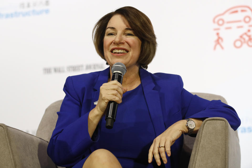 Democratic presidential candidate Sen. Amy Klobuchar, D-Minn., speaks during a candidate forum on infrastructure at the University of Nevada, Las Vegas, Sunday, Feb. 16, 2020, in Las Vegas. (AP Photo/Patrick Semansky)