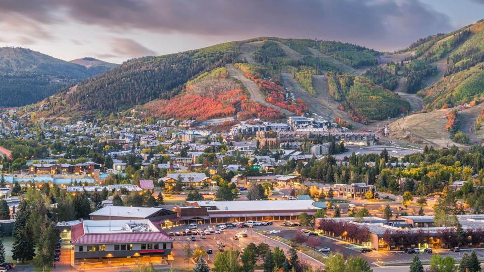 Park City, Utah, USA downtown in autumn at dusk.