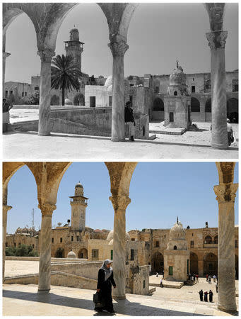 A combination picture shows an ancient archway and ramp leading to the Qayt Bay fountain or Sabil Qaitbay (Center, lower court), on the compound known to Muslims as Noble Sanctuary and to Jews as Temple Mount, in Jerusalem's Old City, in this Government Press Office handout photo, taken August 23, 1967 (top) and the same location May 17, 2017. REUTERS/Fritz Cohen/Government Press Office/Handout via Reuters (top)/Ammar Awad