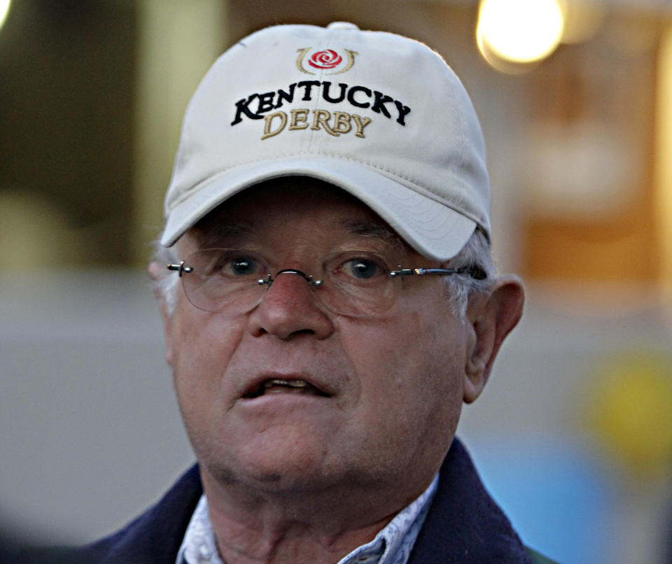 Kentucky Derby winning trainer Art Sherman talks about California Chrome's victory at Churchill Downs in Louisville, Ky., Sunday, May 4, 2014. (AP Photo/Garry Jones)