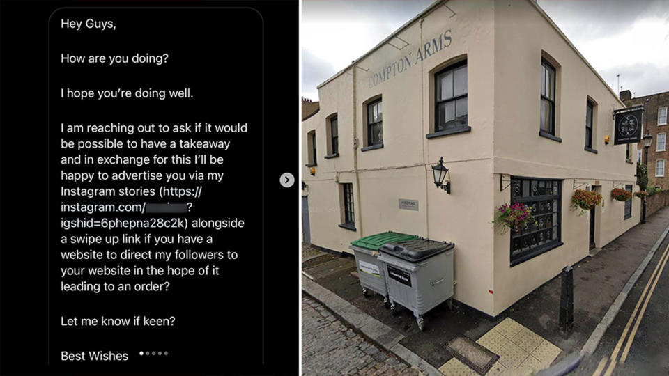 A pop-up restaurant at the Compton Arms went viral after an exchange with an influencer. Source: Instagram - fourlegs_ldn/Google Maps