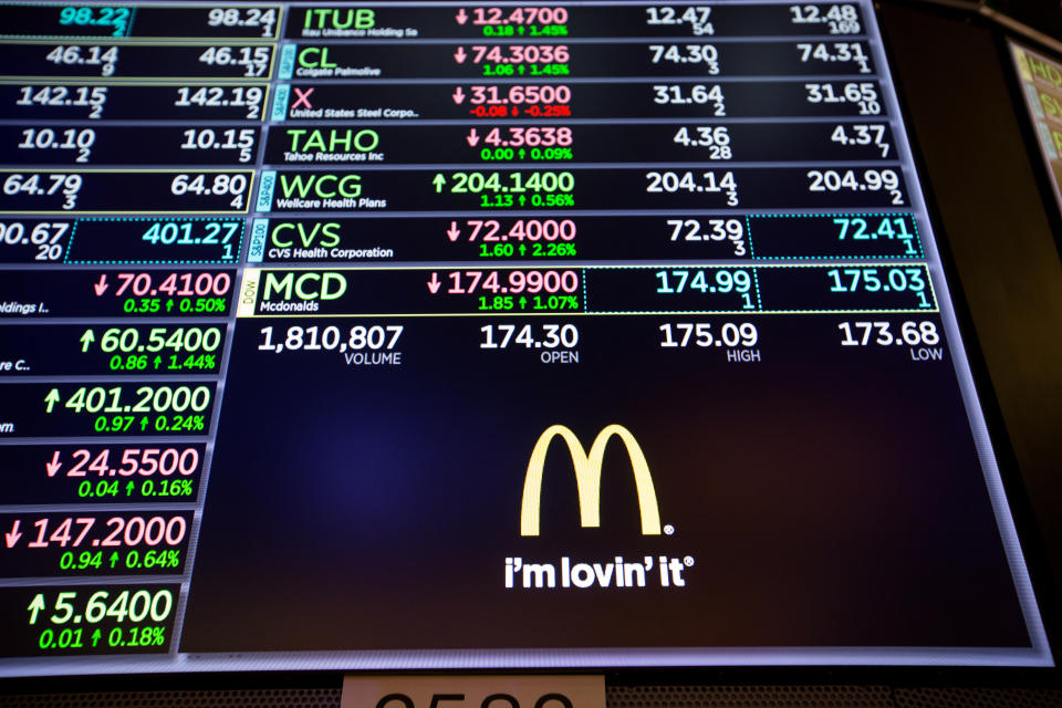 A monitor displays McDonald’s Corp. signage on the floor of the New York Stock Exchange (NYSE) in New York, U.S. Photographer: Michael Nagle/Bloomberg
