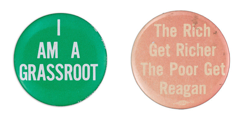 two buttons read "I am a grassroot" in all capital letters, and another reading "the rich get richer, the poor get Reagan"