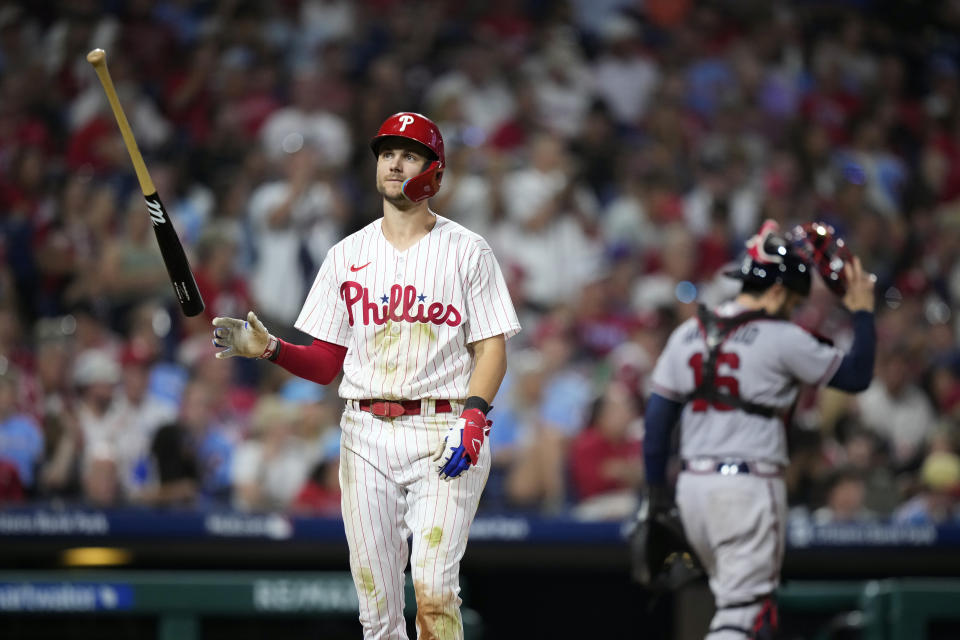 Philadelphia Phillies' Trea Turner reacts after striking out against Atlanta Braves pitcher Max Fried during the fifth inning of a baseball game, Tuesday, Sept. 12, 2023, in Philadelphia. (AP Photo/Matt Slocum)