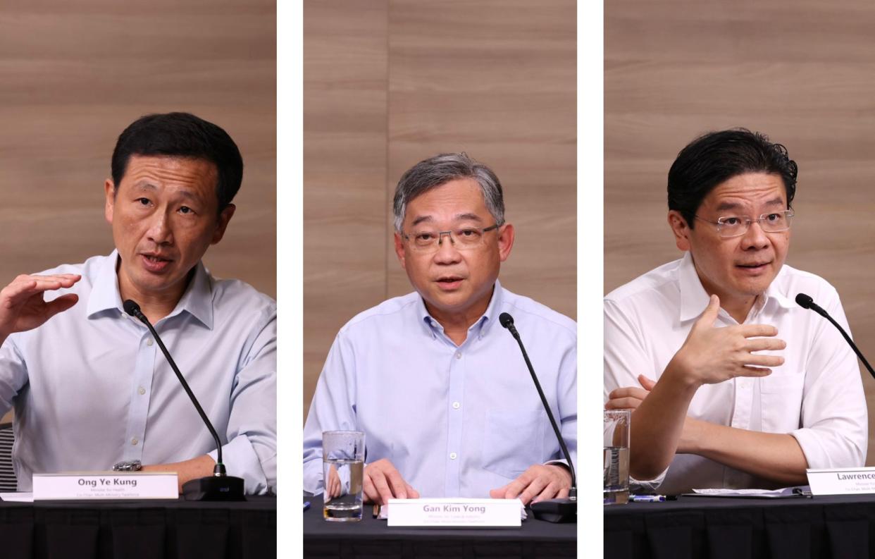 (L-R) Health Minister Ong Ye Kung, Trade and Industry Minister Gan Kim Yong and Finance Minister Lawrence Wong address reporters at a virtual media briefing by the multi-ministry task force on COVID-19 on Friday, 11 March 2022. (PHOTO: Ministry of Communications and Information) 