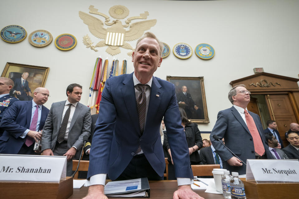 Acting Defense Secretary Patrick Shanahan and David Norquist, far right, the Defense Department's budget chief, arrive to testify at a House Armed Services Committee hearing on the fiscal year 2020 Pentagon budget, on Capitol Hill in Washington, Tuesday, March 26, 2019. Lawmakers are concerned about military construction projects that could lose funding this year to pay for President Donald Trump's border wall. (AP Photo/J. Scott Applewhite)