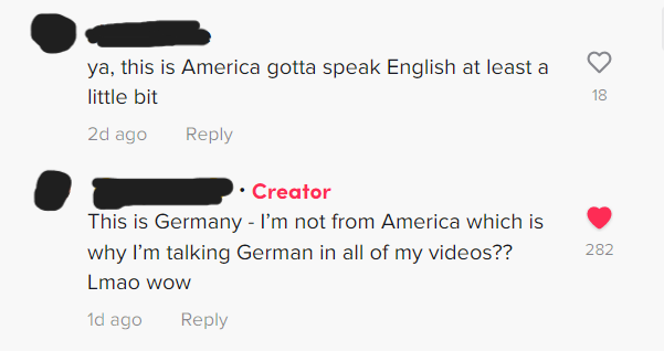 An American commented on a YouTube video from Germany and said "This is America, gotta speak English at least a little bit"