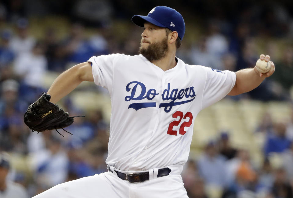 Los Angeles Dodgers starting pitcher Clayton Kershaw throws to a San Diego Padres batter during the first inning of a baseball game Tuesday, May 14, 2019, in Los Angeles. (AP Photo/Marcio Jose Sanchez)