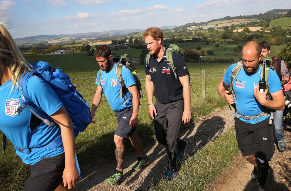 as Prince Harry joins Walking with the Wounded's Walk of Britain at Ludlow Castle on September 30, 2015 in Ludlow, England.