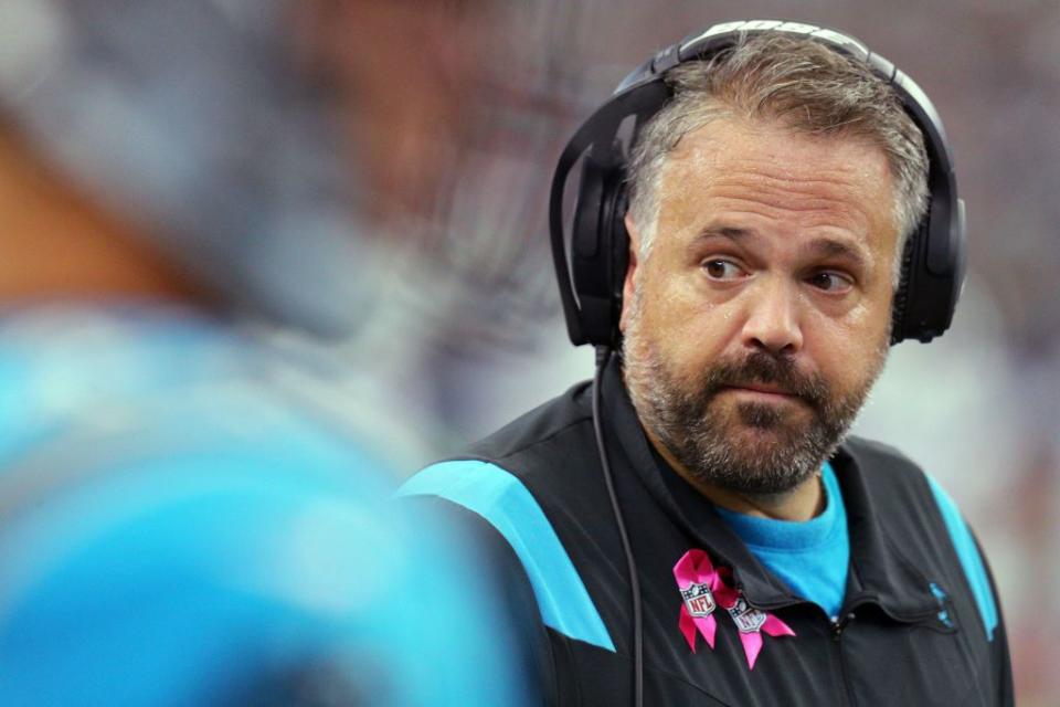 ARLINGTON, TEXAS - OCTOBER 03: Head coach Matt Rhule of the Carolina Panthers on the sidelines during the first half against the Dallas Cowboys at AT&T Stadium on October 03, 2021 in Arlington, Texas. (Photo by Richard Rodriguez/Getty Images)