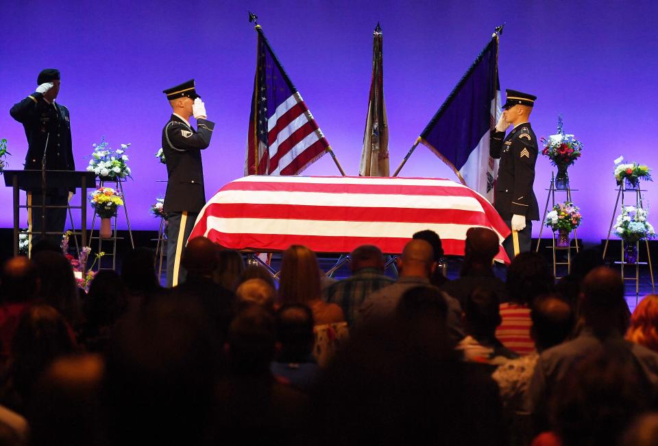 Members of the Iowa National Guard present military honors to Eden Mariah Montang at a funeral service at Cornerstone Church on June 8 in Ames.
