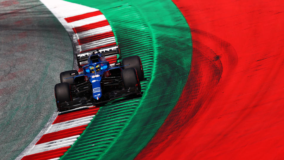 SPIELBERG, AUSTRIA - JUNE 26: Fernando Alonso of Spain driving the (14) Alpine A521 Renault during qualifying ahead of the F1 Grand Prix of Styria at Red Bull Ring on June 26, 2021 in Spielberg, Austria. (Photo by Dan Istitene - Formula 1/Formula 1 via Getty Images)