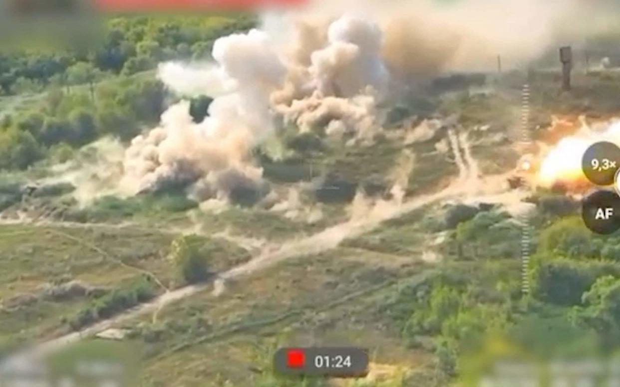 An explosion during the Ukrainian strike on Kursk, Russia