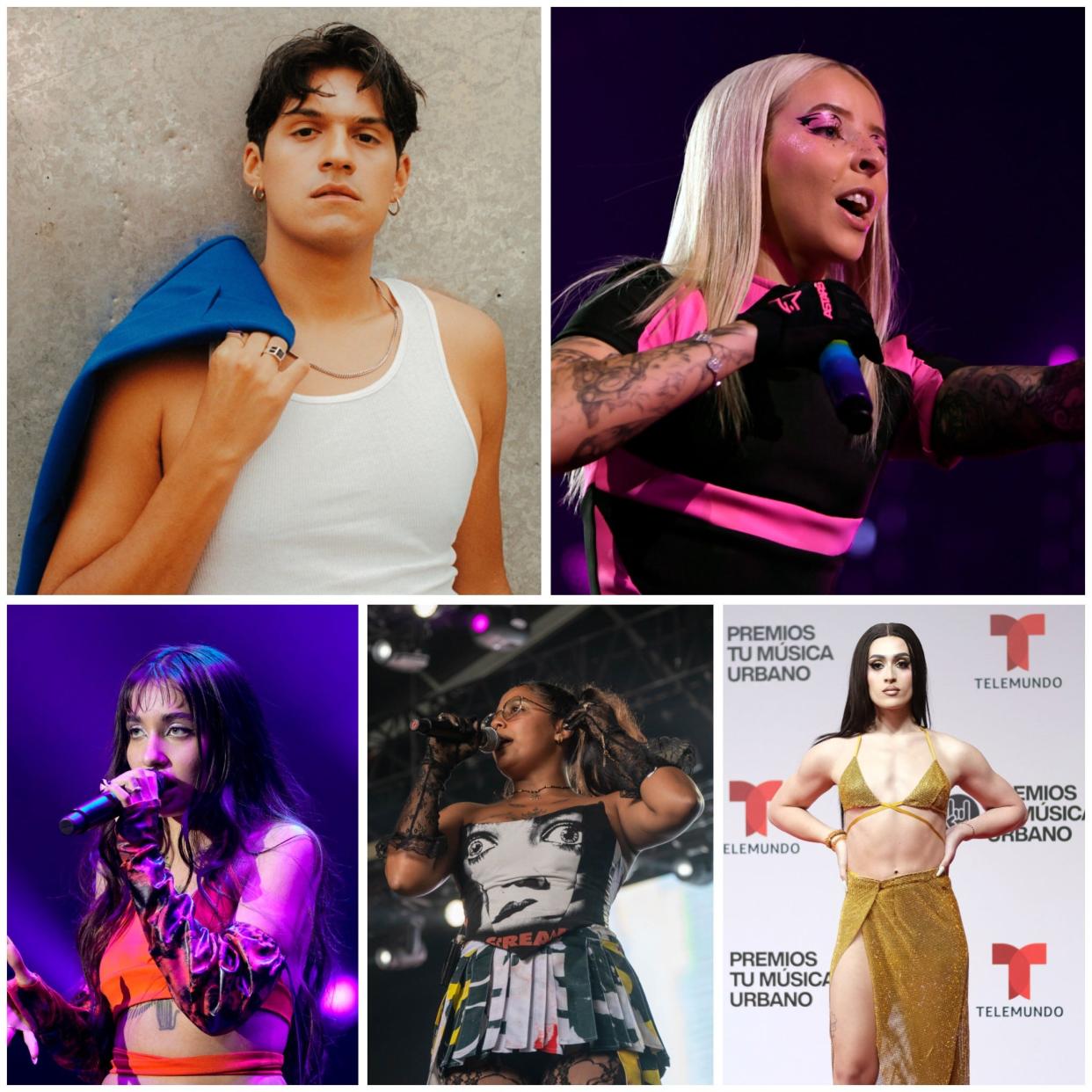 Omar Apollo, from left, Young Miko, María Becerra, Tokischa and Villano Antillano are part of a new crop of LGBTQ artists making their mark in Latin music.