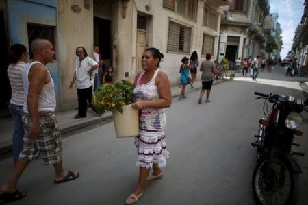 Yolanda Sanchez, 44, carries flowers to be sold on the street in downtown Havana, March 19, 2016. REUTERS/Alexandre Meneghini