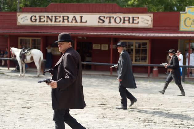 Kevin Holdorff and two other actors during a skit on Main Street at Wild West City.