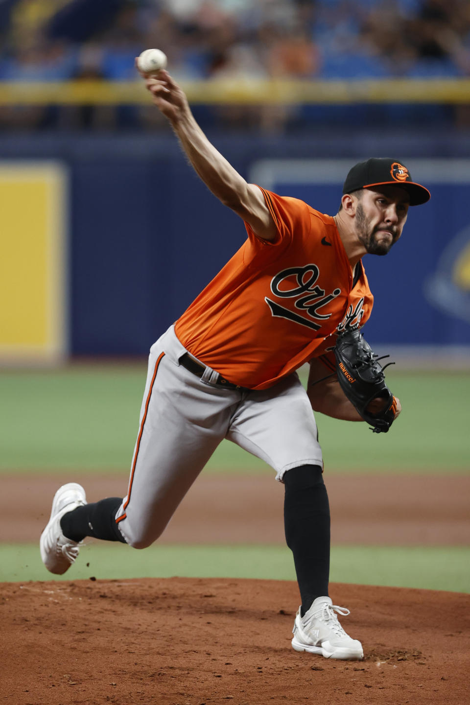 Baltimore Orioles starting pitcher Grayson Rodriguez throws to a Tampa Bay Rays batter during the first inning of a baseball game Saturday, July 22, 2023, in St. Petersburg, Fla. (AP Photo/Scott Audette)